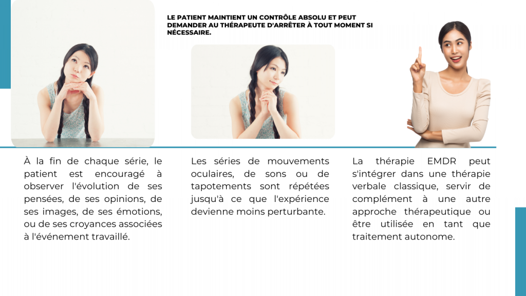 Le patient garde un contrôle absolu et peut demander au thérapeute d'arrêter à tout moment si nécessaire.
